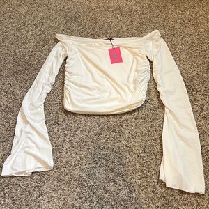 Edikted white, long sleeve, off-shoulder, ruched crop top
